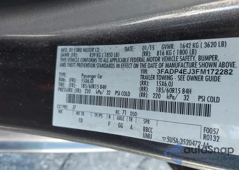 2015 Ford Fiesta Se из США, поврежденный, VIN 3FADP4EJ3FM172282